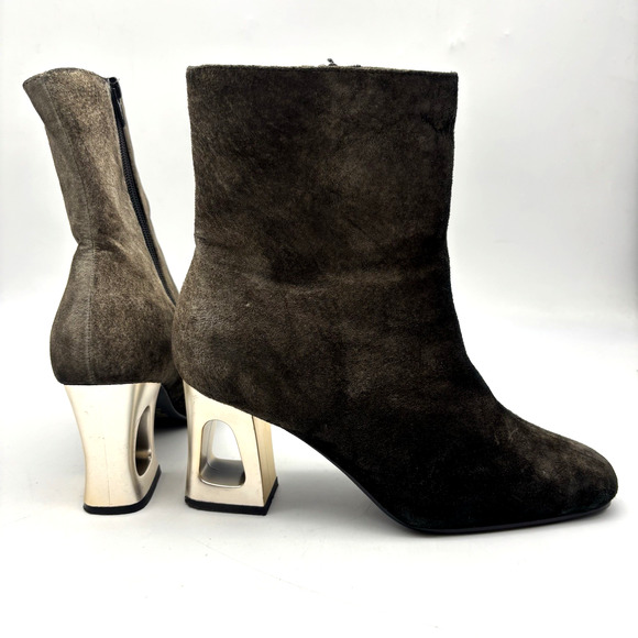 Vintage 80s Classique Black Brown Ombre Suede Cut-out Block Heel Zip Boot 8M - Picture 9 of 16